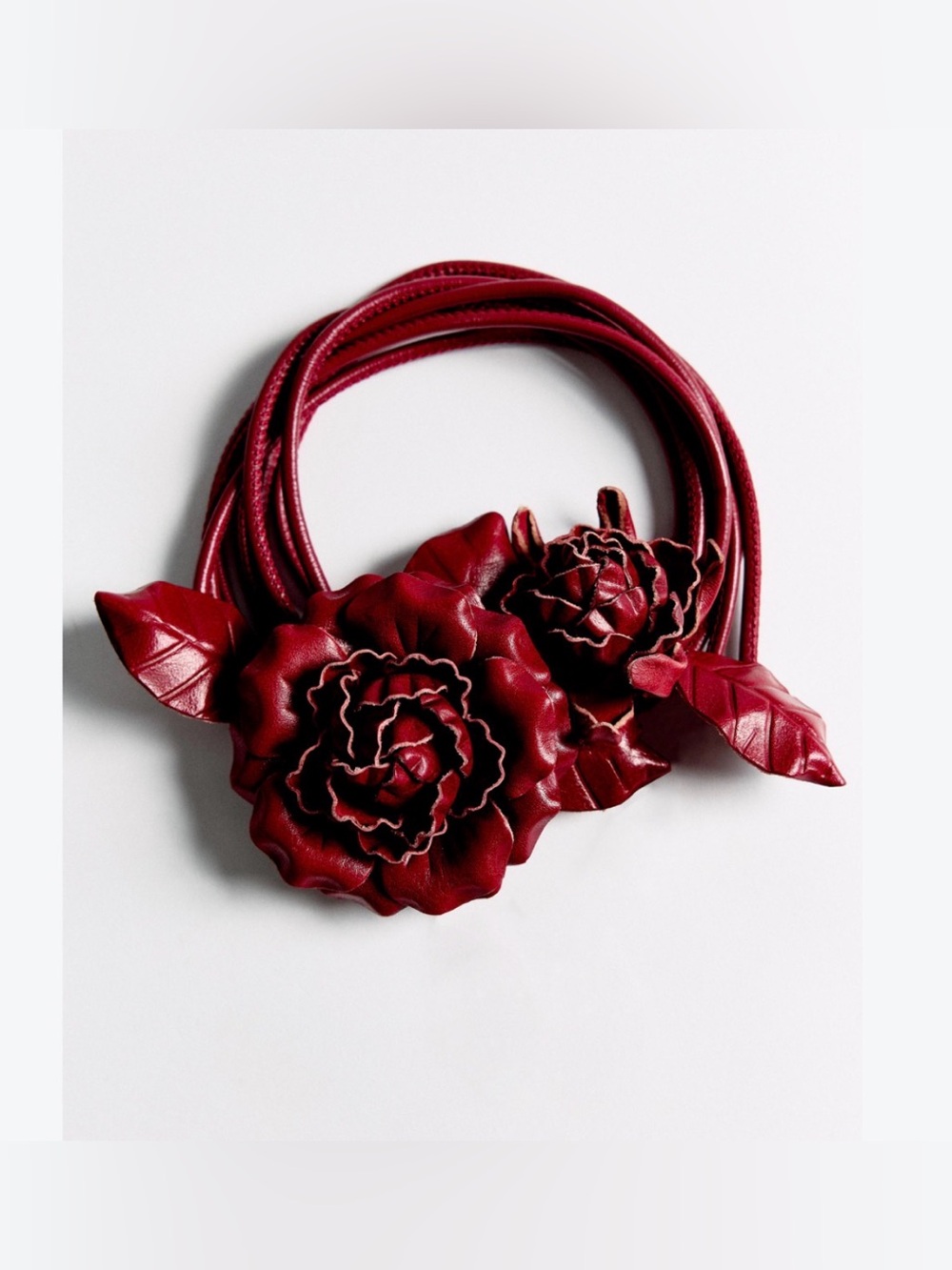Red Floral Leather String Belt with a Large Flower
